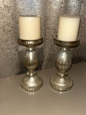 Silver Glass Pillar Candle Holders - Set of 2
